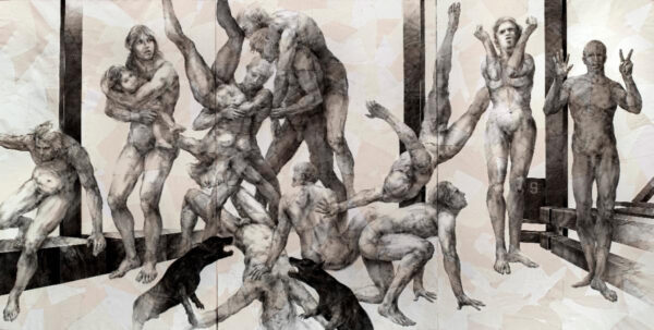 A black and white, large-scale charcoal drawing depicts many people jumping on each other's backs and moving in dynamic poses.
