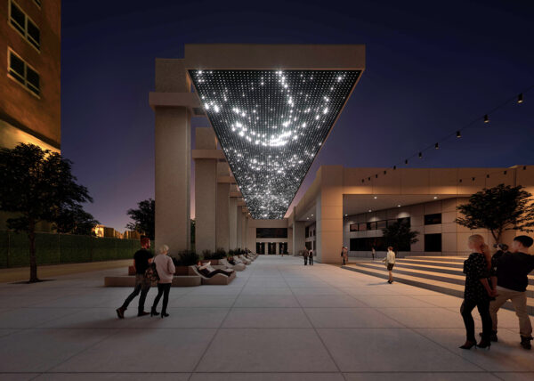 A digital rendering of a site-specific art installation designed by Leo Villareal.
