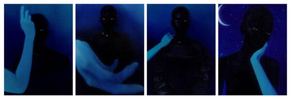 A series of four photographs featuring a dark figure set against a blue background.