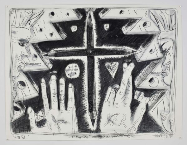Black and white drawing with two hands and a cross in the middle