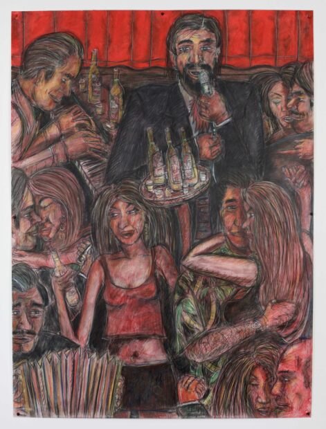 Painting of a crowd of people dancing in a packed club