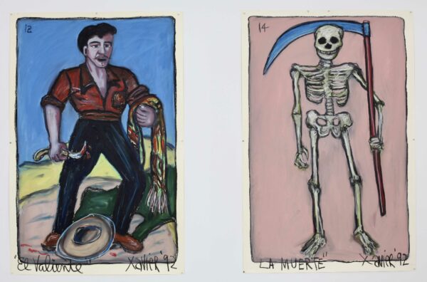 Diptych of two paintings of loteria cards of a man on the left and a skeleton with scythe on the right