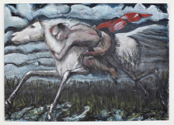 Gestural painting of a man riding a white horse