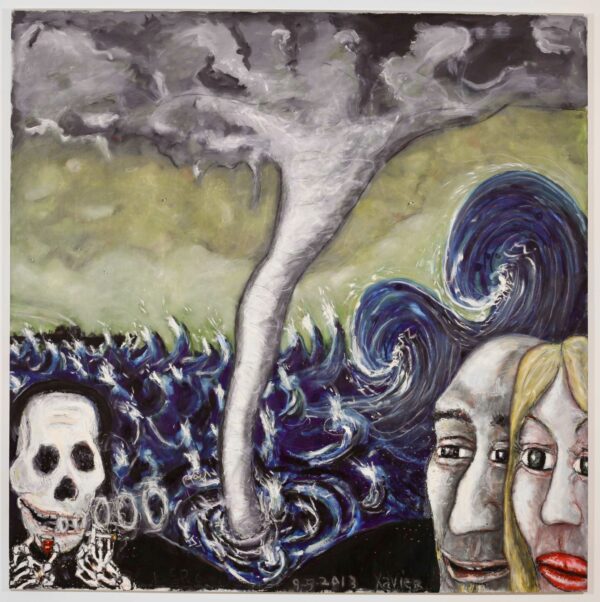 Painting of two people in profile facing the grim reaper with a tornado in the center