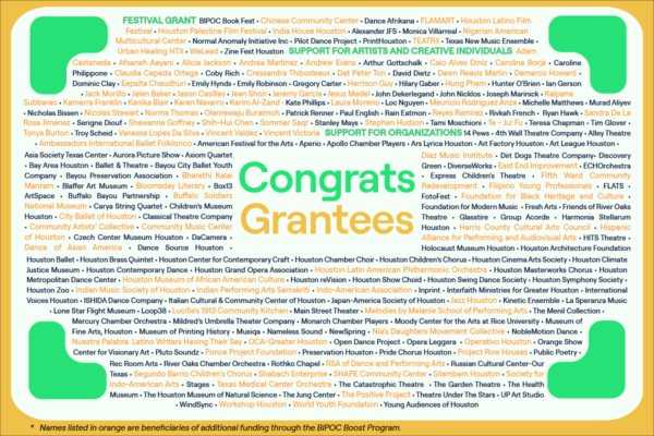 A designed graphic listing out hundreds of individuals and organizations receiving grants from HAA and the City of Houston.