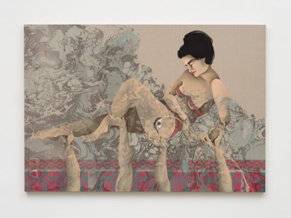 A work by Hayv Kahraman featuring a female figure being held up by four hands.