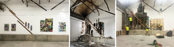 Three side-by-side photographs of the Big Medium gallery affected by fire.