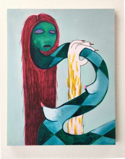 Painting of a green snake like woman with red hair