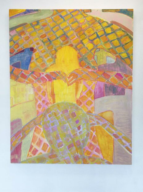 Pastel painting with yellows and pinks of three figures