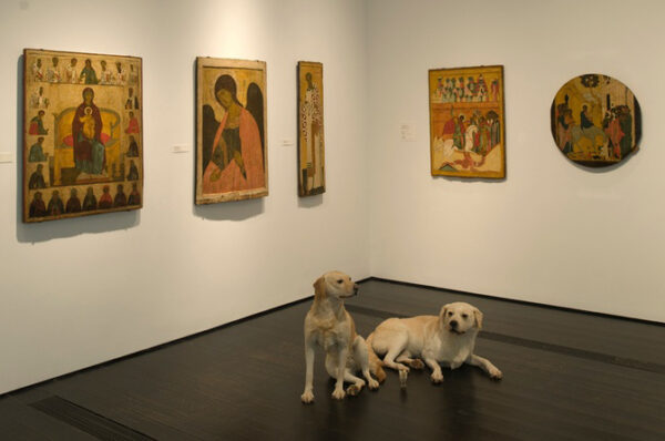 In the Menil Collection, sculptures of dogs guard Byzantine icons.