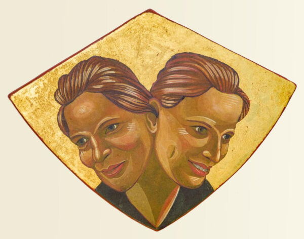 Two profiles portraits of a woman in the same painting against gold leaf