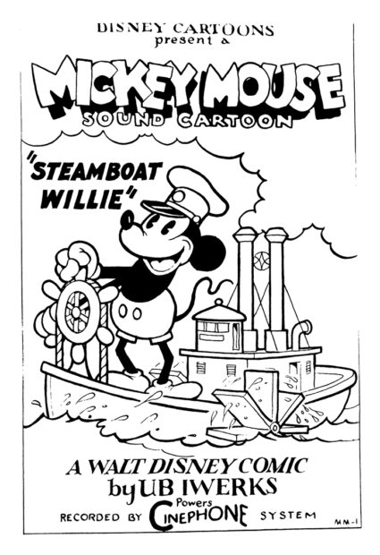 An image of the original black and white poster for Walt Disney's cartoon "Steamboat Willie."
