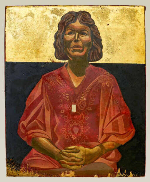 Portrait of a woman wearing a red dress against a gold backdrop