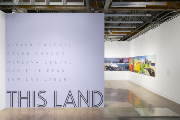 Installation view of a title wall with work in the background