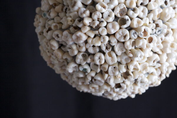 A photograph of a sculptural work by Adán Vallecillo featuring a sphere of human teeth.