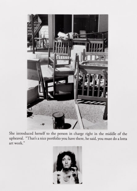 Photo of a work with a black and white photo of chairs, text, and a portrait of a woman