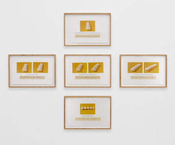installation image of five works photos of eggs against a yellow backdrop