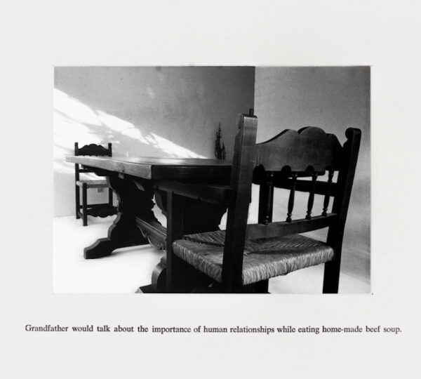 Photo of a table and chairs with text below
