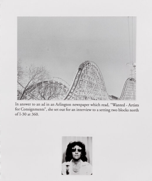 Image of a black and white work with the photo of a rollercoaster, text, and a headshot of a woman at the bottom