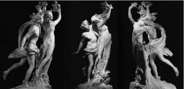 Black and white photo of a sculpture of Apollo and Daphne