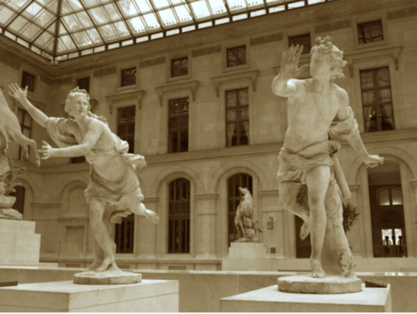Two sculptures on pedestals of Apollo and Daphne