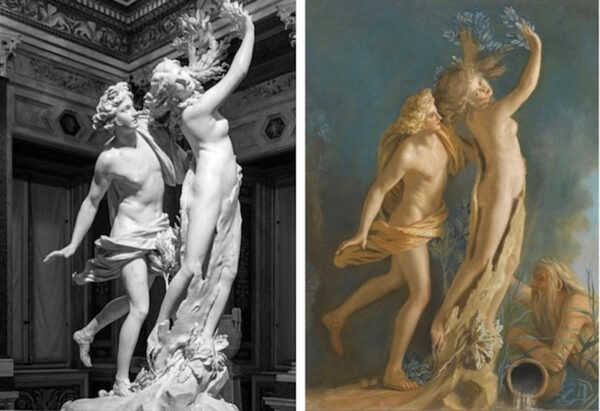 Painting and sculpture of the story of Apollo and Daphne