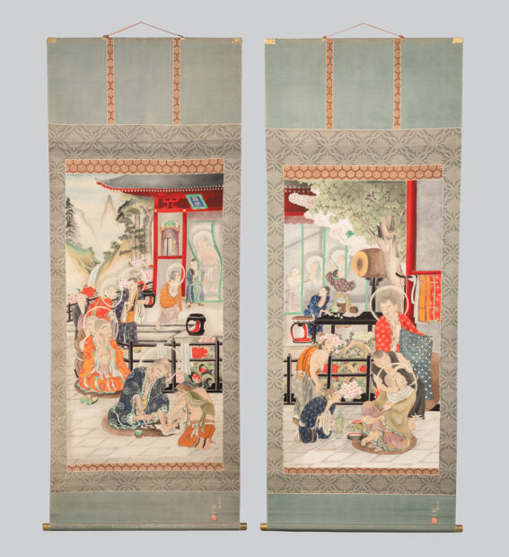 A photograph of a pair of silk scrolls created by Gyokuichi Nagahara in 1870.