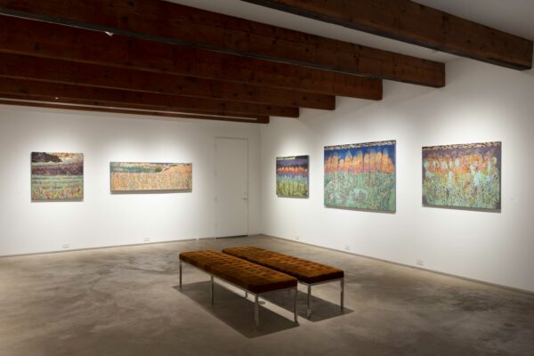 Installation view of 5 landscape paintings in a gallery