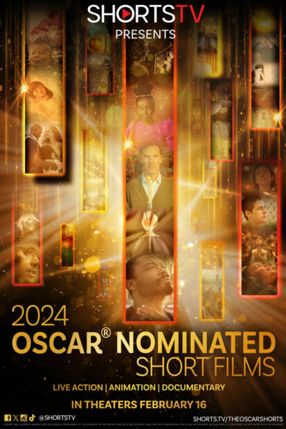A designed graphic promoting the 2024 Oscar-nominated short films.