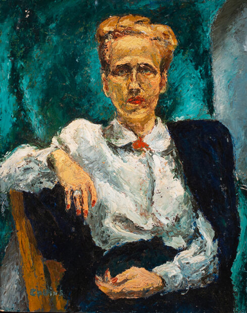 A highly textured painting by Lowell Daunt Collins of a woman sitting in a chair.