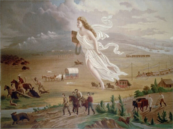 Photo of a floating muse of American Progress over a landscape