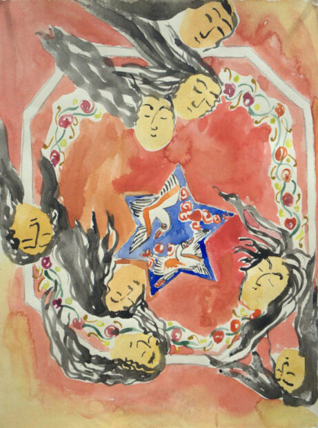 Watercolor on paper with female faces floating in a circle against a red backdrop