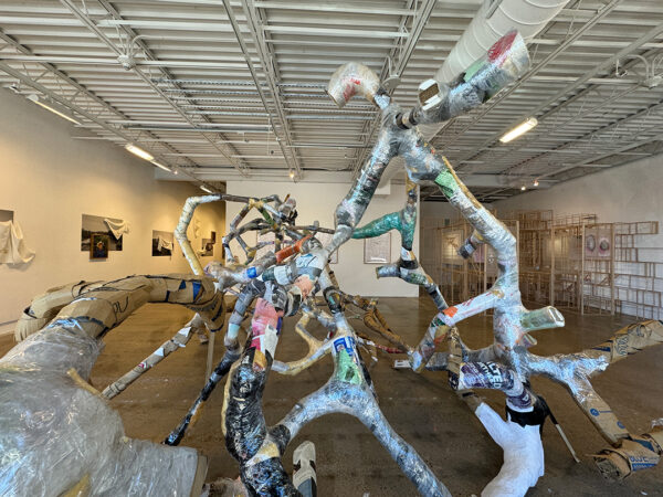 An installation photograph of a large-scale sculpture made from trash by Austin Lewis.