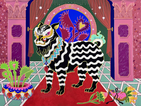 Painting of a black lion in a colorful background