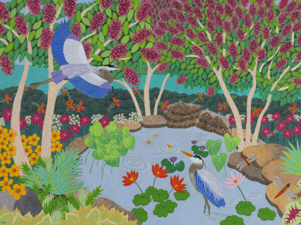 A painting by Cindi Holt featuring birds near a pond.