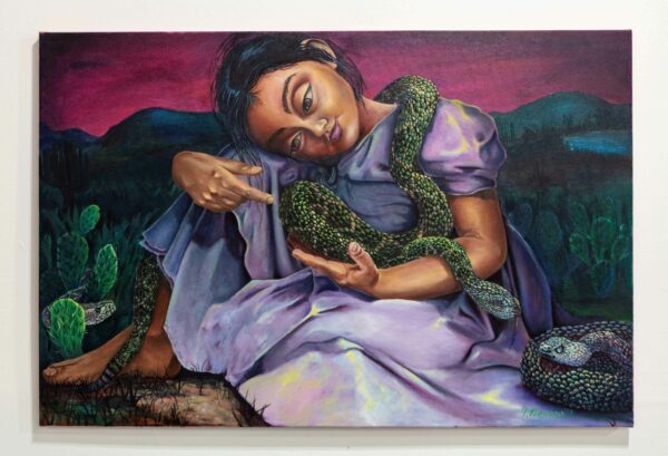 Painting of a young girl holding a serpent in a technicolor nopal