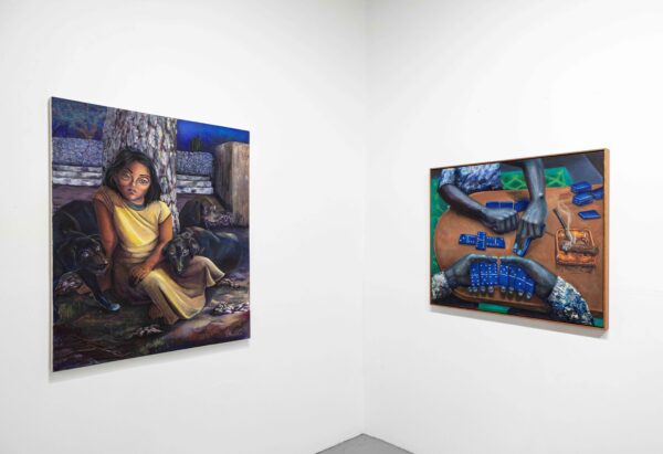 Installation view of two figurative paintings on a white wall