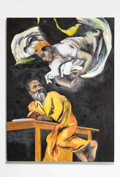 Painting of two figures against a black bakground