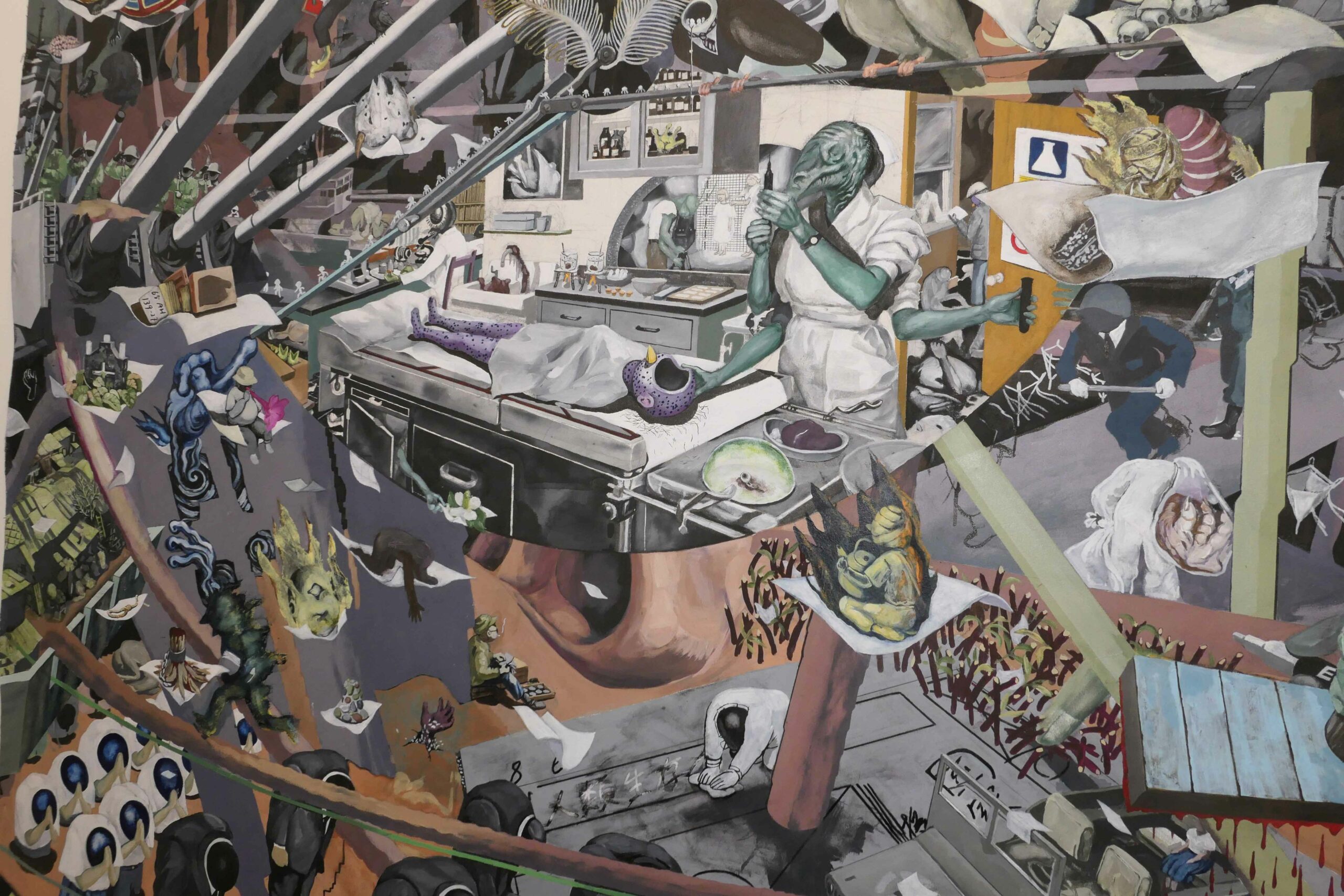 A surrealist painting consisting of overlapping images of aliens, surgeries, running police officers, battleship cannons, people praying and other imagery.