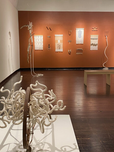 Installation view of mixed media works with cotton