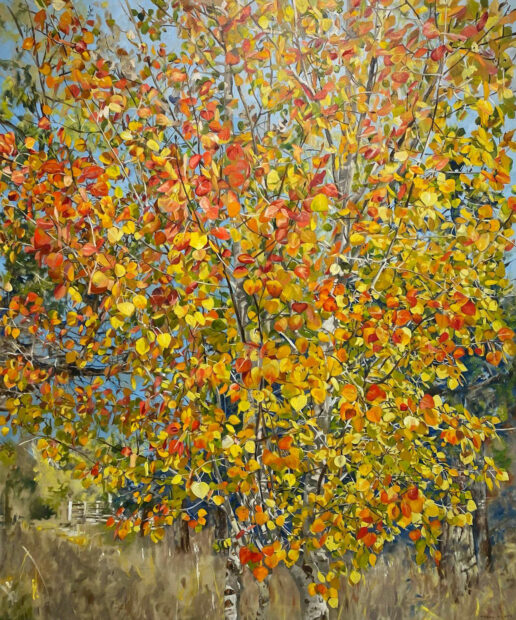 An oil painting of a close-up of yellow and orange leaves and flowers.