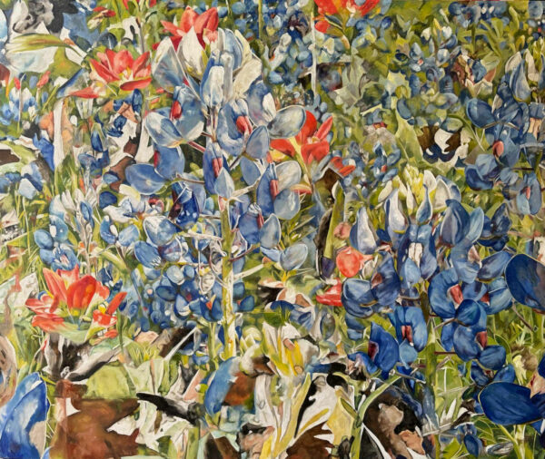 An oil painting of a close-up of Bluebonnet flowers.