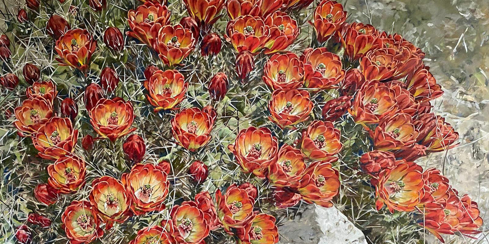 An oil painting of a close-up of red flowers.