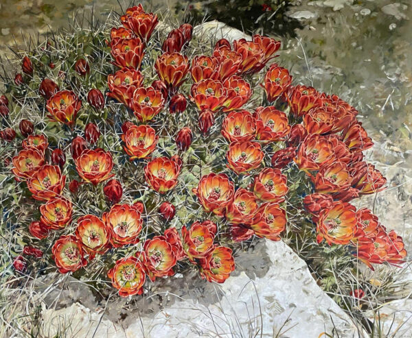 An oil painting of a close-up of red flowers.