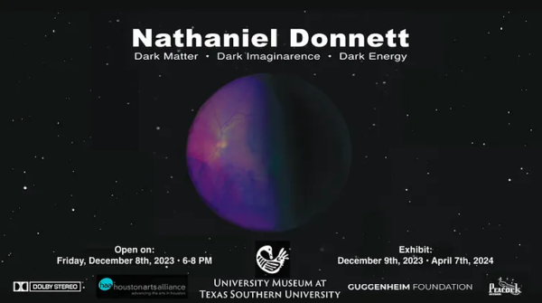 A designed graphic promoting an exhibition of works by Nathaniel Donnett.