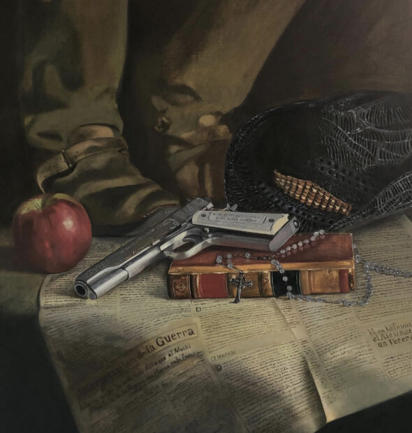 Realistic painting of a detail of a man standing on top of a newspaper surrounded by an apple, a handgun, and a book