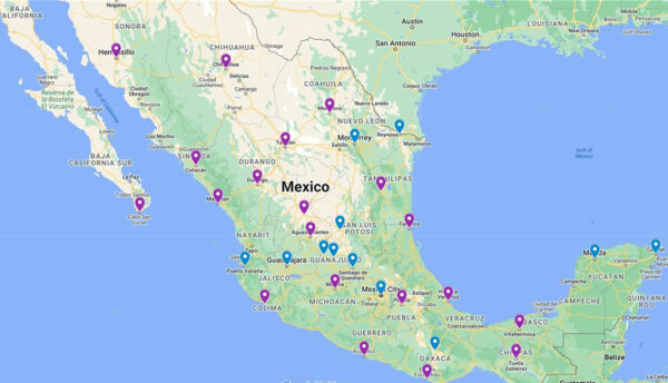 A map of Mexico with markers indicating Pino Shah's current and potential future market bases.