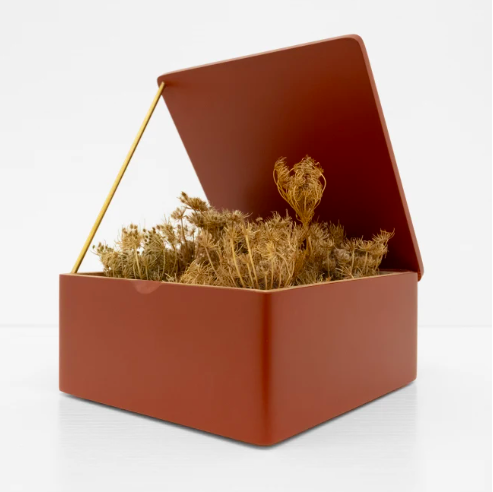 A photograph of a sculpture featuring a bundle of dried grass in a square container with the lid propped up.