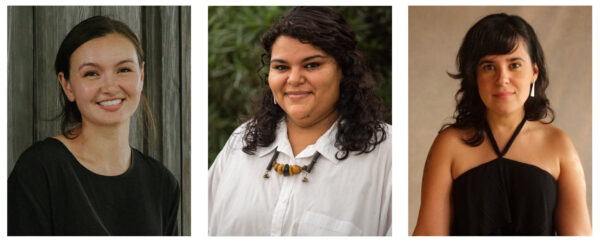 Side-by-side photographs of curators Erika Mei Chua Holum, Ashley DeHoyos Sauder, and Coka Treviño.