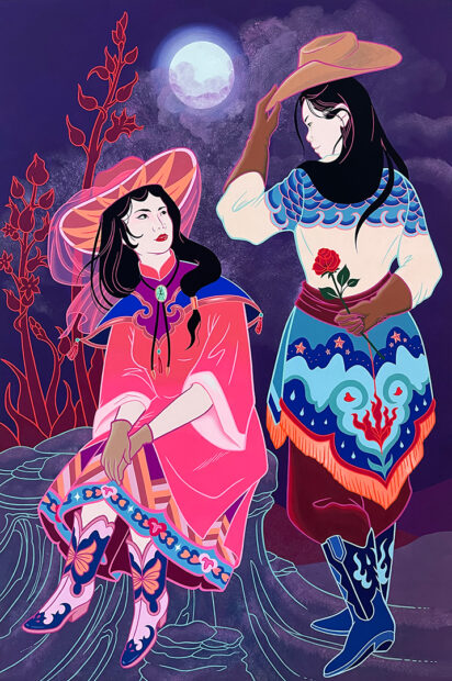 A painting by Tsz Kam featuring two female figures in Western attire.